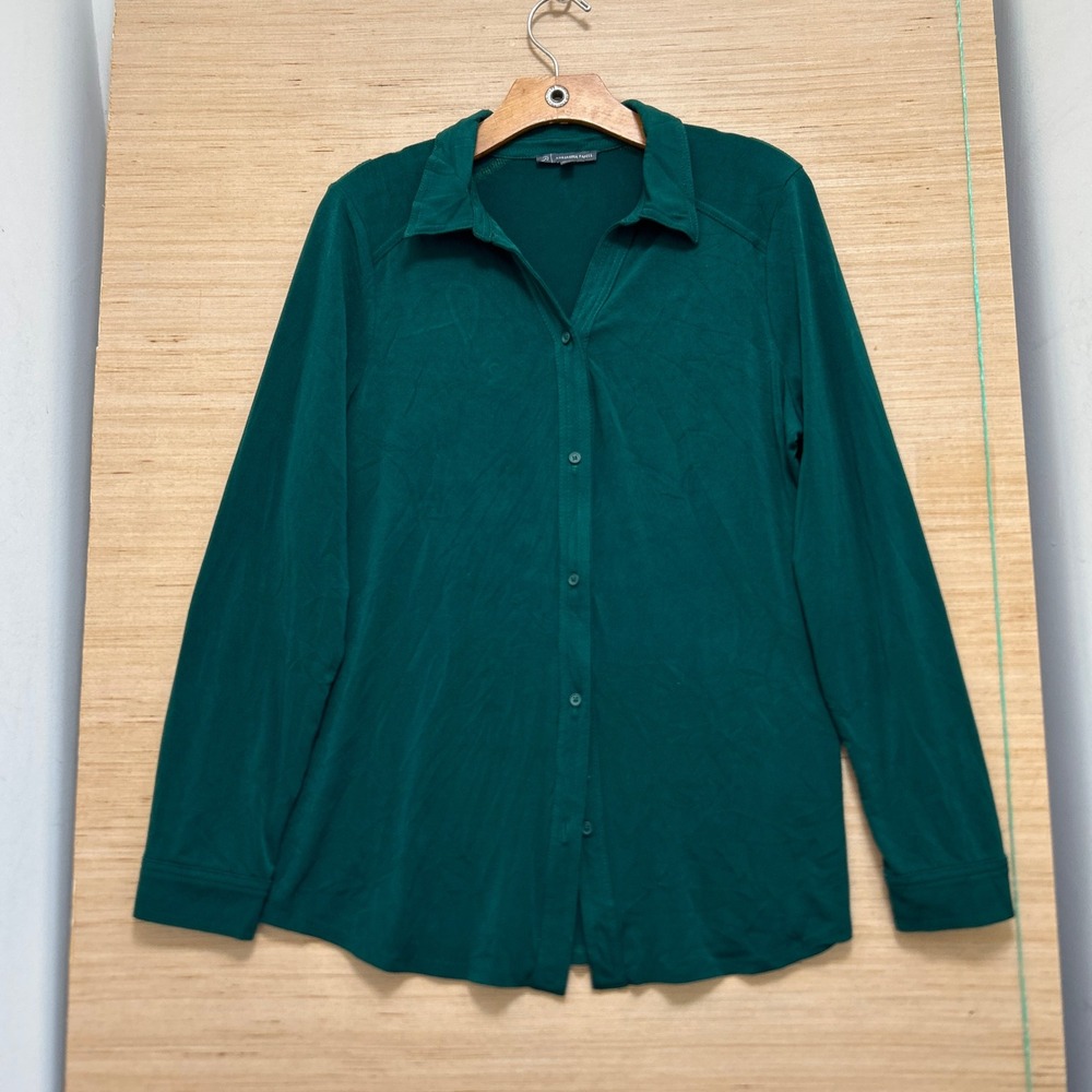 Adrianna Papell Forest Green Long Sleeve Button Down Knit Blouse Large